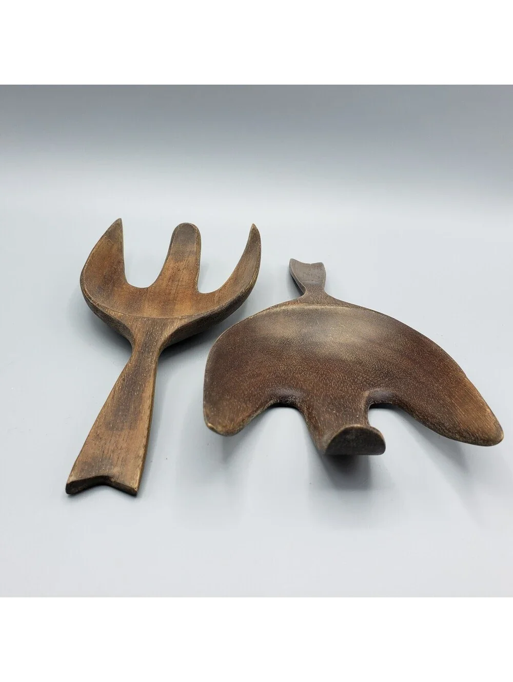 MCM Wood Fork Salad Serving Utensils Carved Wide Scoop Made in Haiti Set of 2
